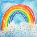 Childish drawing of rainbow rasing from puffy clouds of colored rain. Generative AI (300 Real DPI).