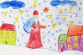 Childish drawing of Santa Claus houses and star snowfall Royalty Free Stock Photo