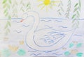 Childish drawing swan swimming on summer pond