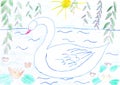 Childish drawing swan swimming on summer pond