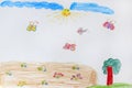 Childish drawing of tree and flying butterflies