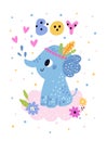 Childish elephants card. Baby shower. Boy animal. Birthday invitation. Holiday banner. Adorable newborn mammal. Flowers