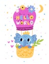Childish elephants card. Baby shower. Hello world. Cartoon animal on air balloon. Adorable newborn mammal. Flowers and