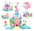 Childish fairytale kingdom village with dragon, flower meadow, castle tower exterior isolated set Royalty Free Stock Photo