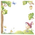 Childish frame or forest illustration with cute gnome.