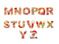 Childish funny vector flowers font with fruits. Summery alphabet, part 2