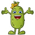 Childish girl pickle cartoon character arms out and ready to hug and saying ta da