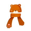 Childish hat with cute bear muzzle and scarf with teddy paws. Winter headdress with lovely animal ears for children