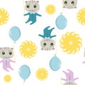 Childish illustration cartoon  cute scottish fold cats and fly balloon. Vector seamless pattern. Royalty Free Stock Photo