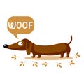 Childish illustration with cute dachshund dog and english text woof. Happy concept, colorful background, print Royalty Free Stock Photo