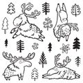 Childish illustration with deer, moose, elk in doodle style