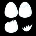 Children illustration - four differently broken chicken eggs on a black background