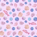 Childish illustration seamless pattern pink and blue seashells and bubbles and small fish.