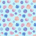 Childish illustration seamless pattern pink and blue seashells and bubbles.