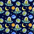 Childish illustration seamless pattern space, planets, rockets and alien in watercolor.