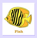 Childish illustration of a snarl. Tropical yellow fish. Zebrasoma. The shortcut is training. Isolated vector illustration