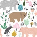 Childish jungle texture with bears , bird and jungle elements. seamless pattern vector illustration