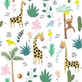 Childish jungle texture with giraffe, monkey, bird and tropical elements. seamless pattern vector illustration