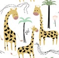 Childish jungle texture with giraffe and tropical elements. seamless pattern. vector illustration