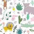 Childish jungle texture with lion,bear, , monkey, crocodile, bird and jungle elements. seamless pattern