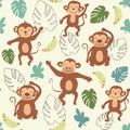 Childish jungle texture with monkeys and jungle elements. seamless pattern vector illustration