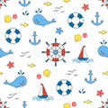 Childish marine seamless pattern with marine animals and sailing boats. Hand drawn elements - whale, steering wheel, yachts, Royalty Free Stock Photo