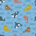 Childish nautical pattern. Cute drawing of animals. Arctic wildlife. Vector illustration