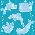 Childish pattern with cute marine animals and fish. Creative texture for fabric and textile.