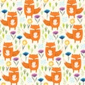 Childish pattern with foxes, grass and flowers