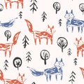 Childish pattern with orange foxes in forest