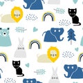 Childish pattern with safari animal, lion, rabbit, cat, and elephant. Cute decoration scandinavian style with colorful pastel