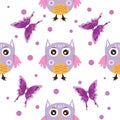 Childish patterns, with cute owls, butterflies, for fabrics, wrappings, textiles. vector