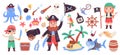 Childish pirate set. Cartoon cute kid pirates carnival costume, kid sailor captain character sea adventure island Royalty Free Stock Photo
