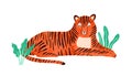 Childish portrait of relaxed tiger in scandinavian simple style. Cute tigress lying in jungle nature. Lazy wild animal Royalty Free Stock Photo