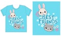 Childish print design for t-shirt cute cat and rabbit with chamomile flowers with handwritten phrase best friends on a blue