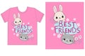 Childish print design for t-shirt cute cat and rabbit with chamomile flowers with handwritten phrase best friends on a pink