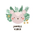 Childish print, vector illustration with a portrait of a funny opossum in tropical leaves and short phrase JUNGLE VIBES.