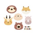 Childish print, vector illustration with portraits of cute animals - sloth, squirrel, deer, bears, rhino