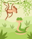 Childish rainforest, jungle composition, card with snake and hanging money, friendly and cute wildlife animals, reptiles
