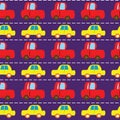 Childish rows of colorful cars seamless pattern