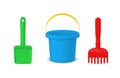 Childish sandbox toys collection realistic vector illustration blue baby bucket, shovel and rake Royalty Free Stock Photo