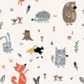 Childish scandinavian animal seamless pattern. Doodle nursery print bear fox bunny mushroom, vector hand drawn repeat illustration