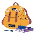 Childish school bag with badges. Packed satchel with stationery. Schoolkid backpack, kids schoolbag. Study supplies on