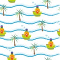 Childish seamless background with the image of palm trees and boats. Picture for textile and decor