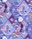 Childish seamless patchwork pattern with fairy dragons, butterflies, flowers and waves. Cute illustration of quilt