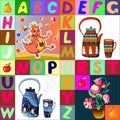 Childish seamless patchwork pattern with fantasy pictures and alphabet.