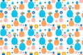 Childish seamless pattern of abstract cartoon multicolored whole pineapples, their slices, square grid and circles on a white back