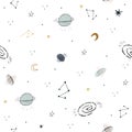 Childish seamless pattern with aliens, ufo in cosmos. Perfect for kids apparel,fabric, textile, nursery decoration,wrapping paper