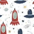 Childish seamless pattern with aliens, ufo in cosmos. Perfect for kids apparel,fabric, textile, nursery decoration