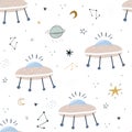 Childish seamless pattern with aliens, ufo in cosmos. Perfect for kids apparel,fabric, textile, nursery decoration
